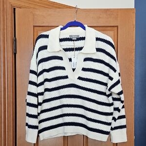 NEW! Natural Reflections Navy and White Striped V-Neck Sweater